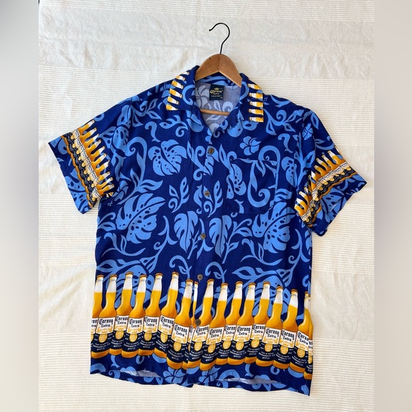 Vintage Corona Extra Beer Print Rayon Hawaiian Style Button Down Shirt - Picture 5 of 12